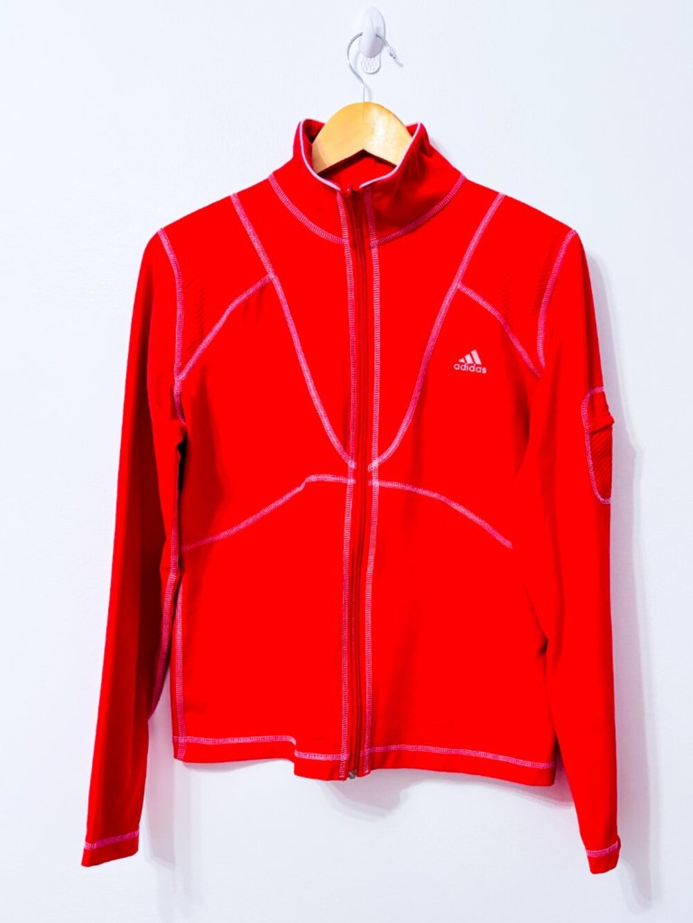 ADIDAS Red Full Zip Athletic Running Jacket Contrast Stitching Large